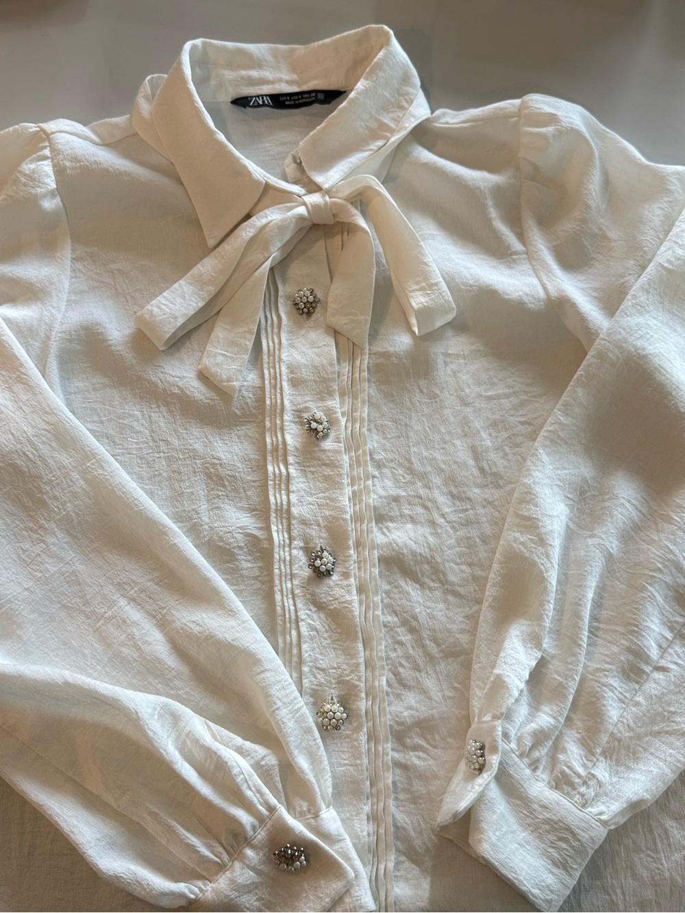 Zara White Bow Tie Pearl Button Blouse